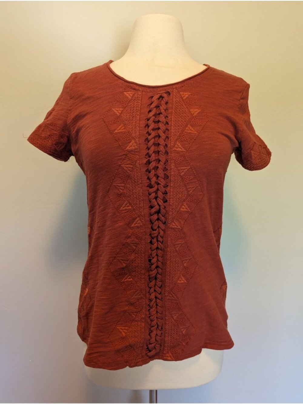 Rust Orange Top With Braided & Geometric Embroidery Design By Mur Mur - Size S